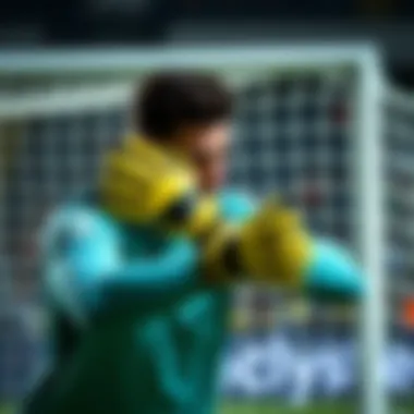 A goalkeeper in action wearing Adidas Predator gloves during a match