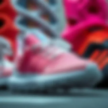 A group of stylish sneaker designs including Adidas Tensaur pink
