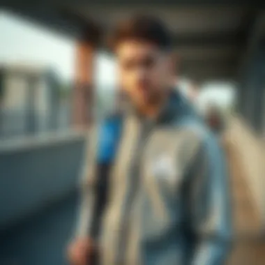 Modern Adidas Tracksuit Fashion Outdoors A stylish outdoor scene with an individual showcasing modern Adidas tracksuit fashion