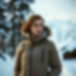 A stylish Alaska coat showcasing its elegant design in a snowy landscape.