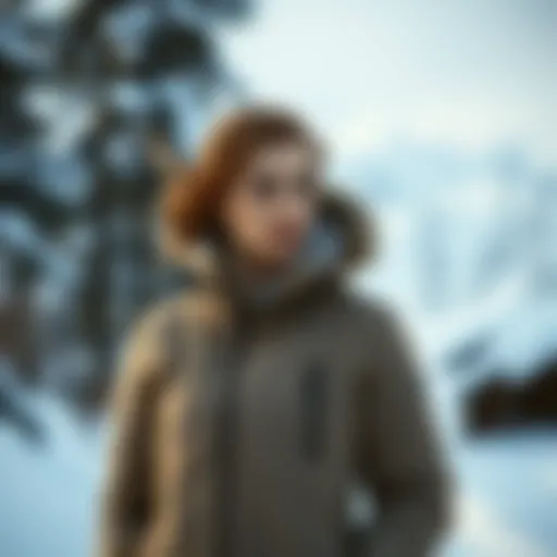 A stylish Alaska coat showcasing its elegant design in a snowy landscape.