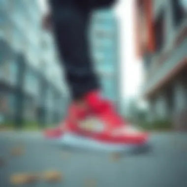 An individual wearing sporty footwear in an urban environment.
