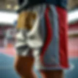 A close-up of basketball shorts showcasing unique design elements and textures