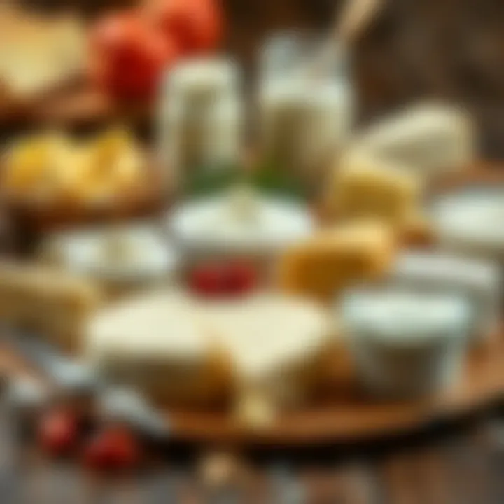 An array of dairy products rich in protein like cheese and yogurt.