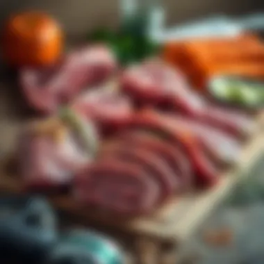 A selection of lean meats on a wooden cutting board.