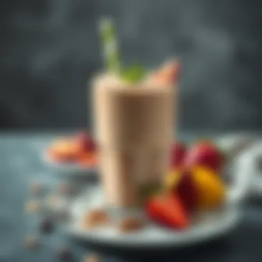 A close-up of a protein shake with fresh fruits and nuts.