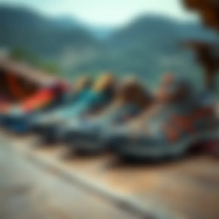An array of popular hiking shoe brands displayed on a wooden surface.
