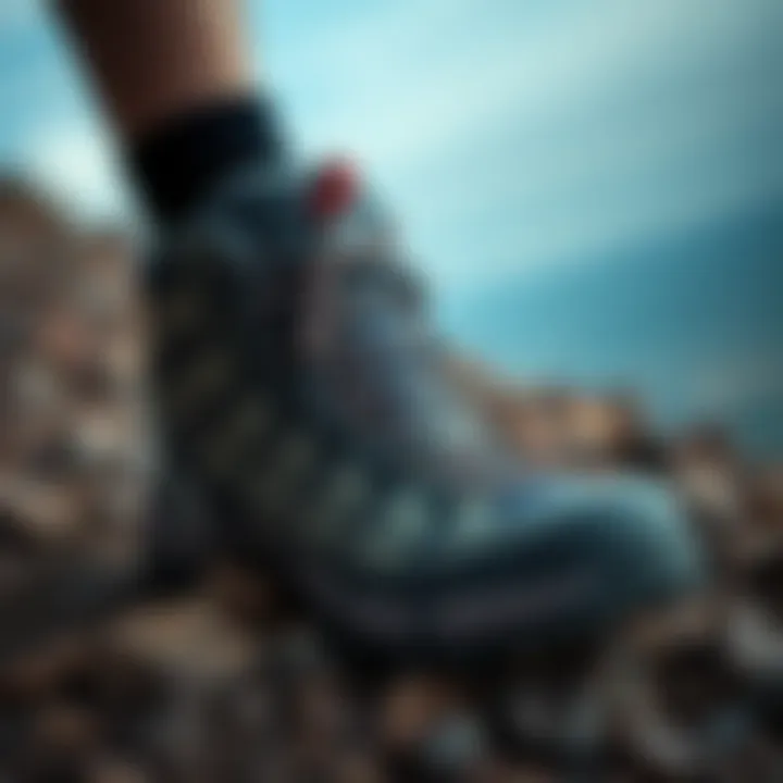 A rugged hiking shoe showcasing durability and traction on a rocky terrain.