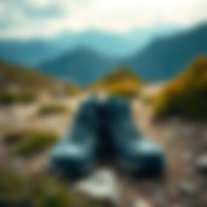 A pair of hiking shoes positioned on a scenic trail with mountains in the background.