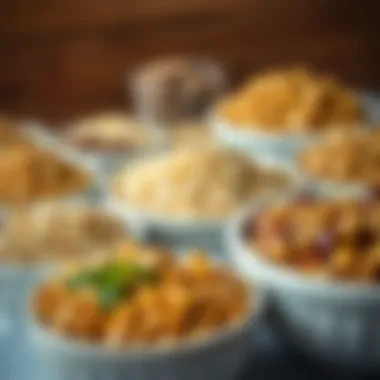 A detailed view of various grains and legumes in bowls
