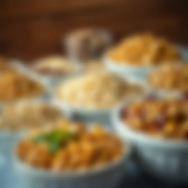 A detailed view of various grains and legumes in bowls