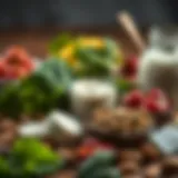 A variety of calcium-rich foods including leafy greens, dairy products, and nuts