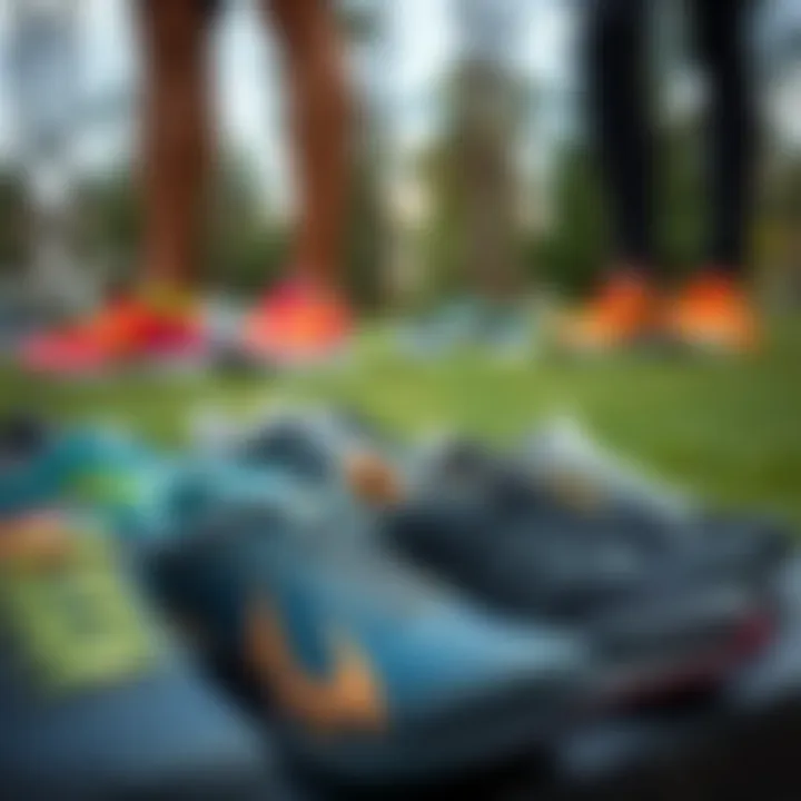 A variety of Lowa shoe models displayed in an outdoor setting