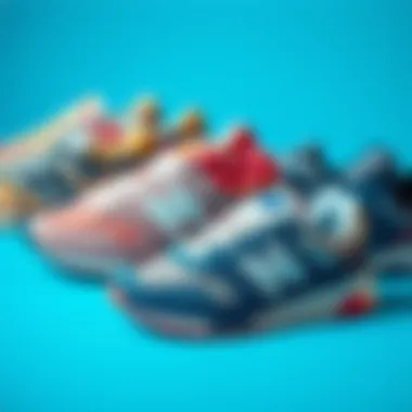 A variety of New Balance models displayed on a vibrant background