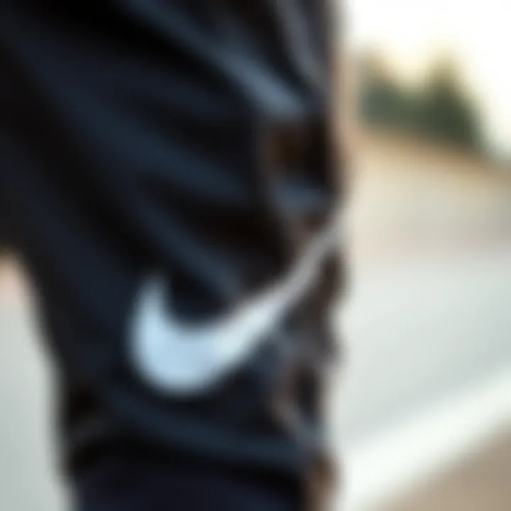 Close-up of Nike parachute pants highlighting fabric and design details.