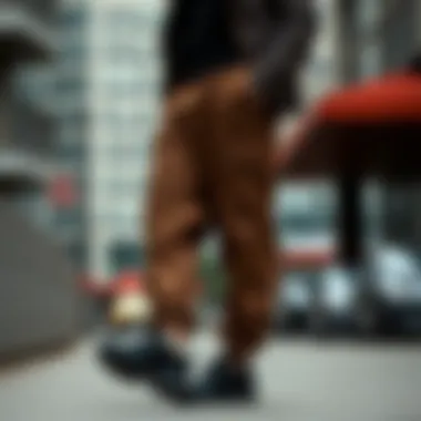 Stylish individual wearing Nike parachute pants in an urban setting.