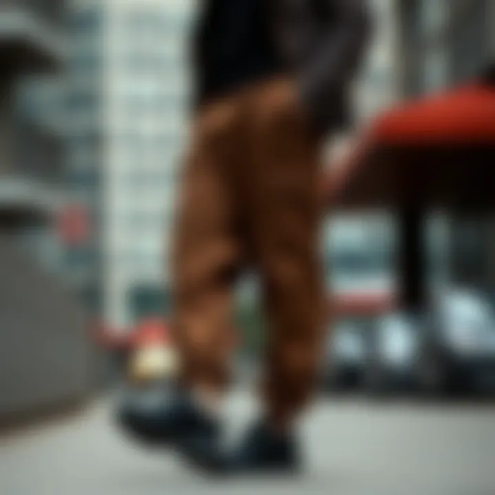 Stylish individual wearing Nike parachute pants in an urban setting.