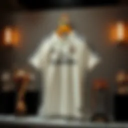 Historic Real Madrid jersey displayed with trophies