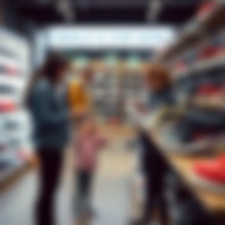 Parents selecting Skechers shoes for their children in a store.