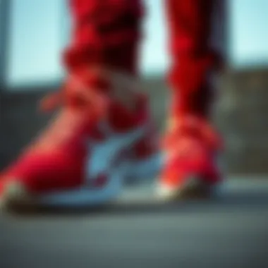 Close-up of Puma red sports shoes highlighting unique features