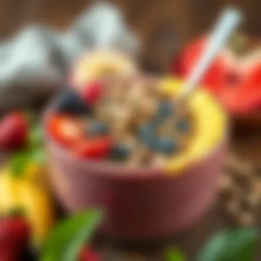 A colorful smoothie bowl topped with seeds and nuts