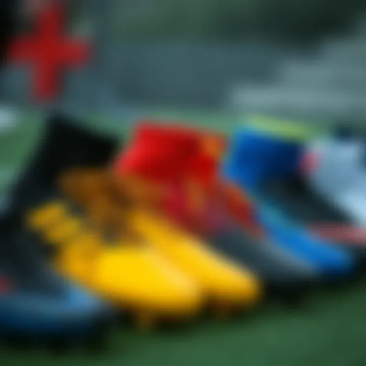 Different types of street football boots lined up for selection