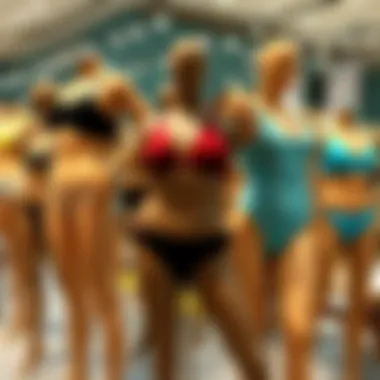 Diverse range of swimwear styles displayed on mannequins.