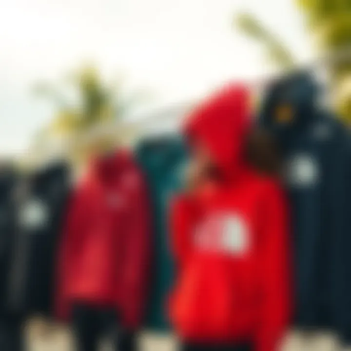 Various styles of North Face sweatshirts displayed in a vibrant outdoor setting